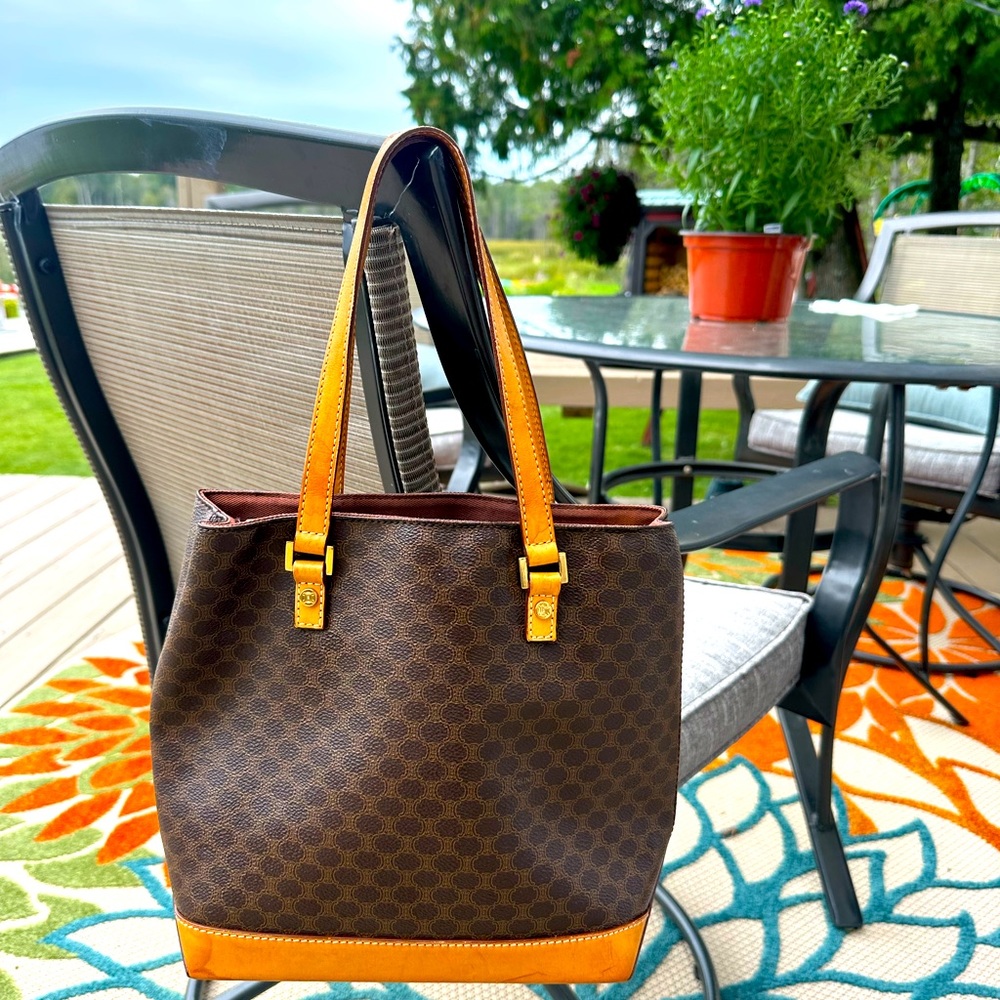 Vintage Celine shoulder bag. EUC except watermarks & slight cracking one strap.